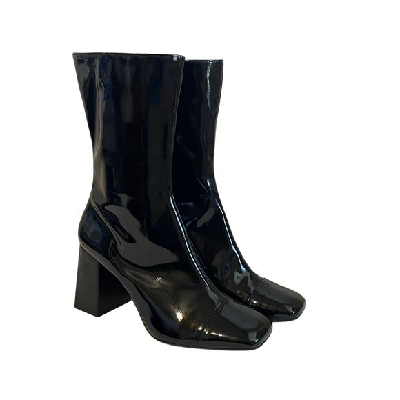 Zara Women's Black Faux Patent Leather Cap Toe Mid Calf Short Boots Size 9 - Picture 1 of 16